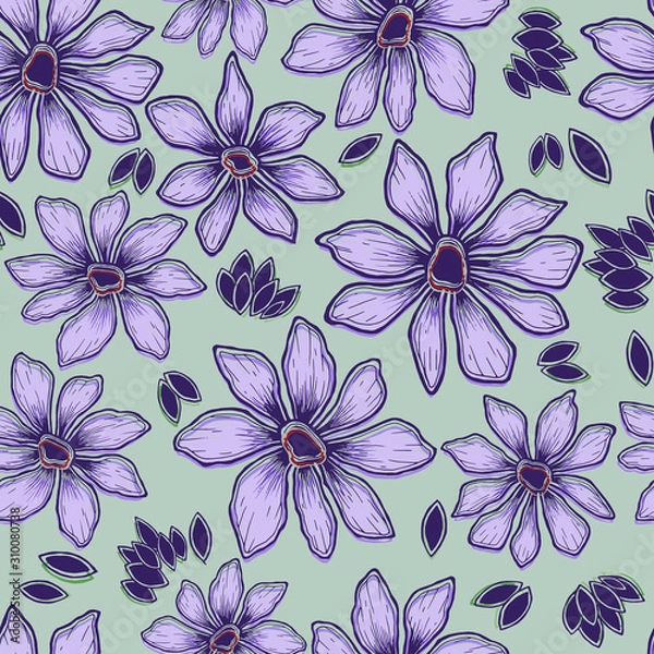 Fototapeta simple silhouettes of daisies black and white and purple on a green background pattern