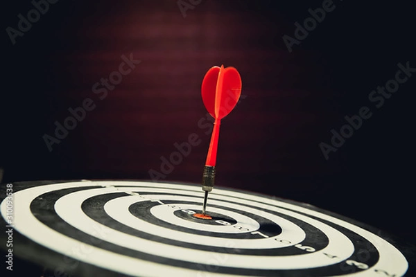 Fototapeta Red dart arrow hitting in the center of bullseye for Business focus concept.