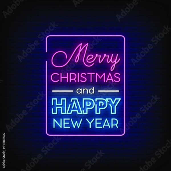 Fototapeta Merry Christmas and Happy new year Neon Signs Style Text Vector