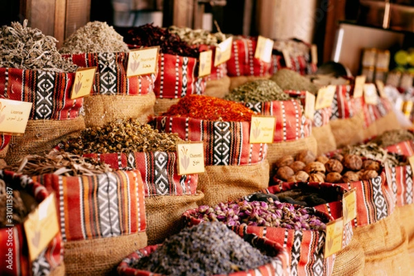 Fototapeta A wide selection of spices on the market in Dubai
