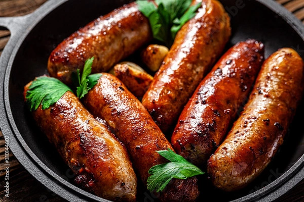 Obraz The concept of farm, organic products. Homemade grilled pork barbecue sausages in an iron pan. background image. copy space