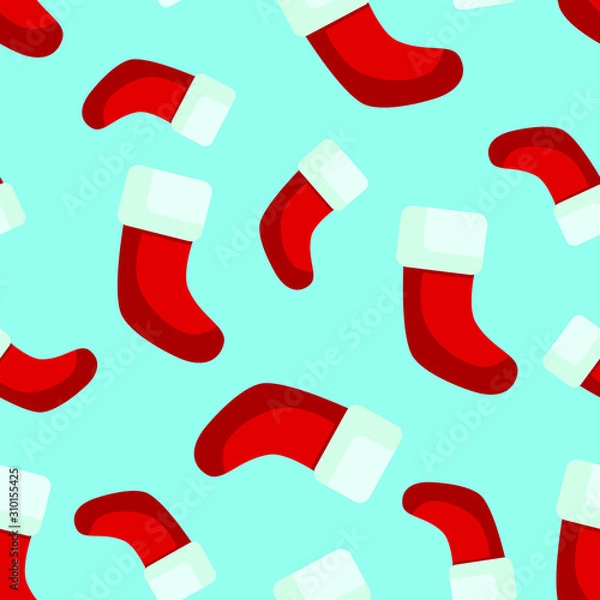 Fototapeta Vector seamless pattern Christmas boots on blue background