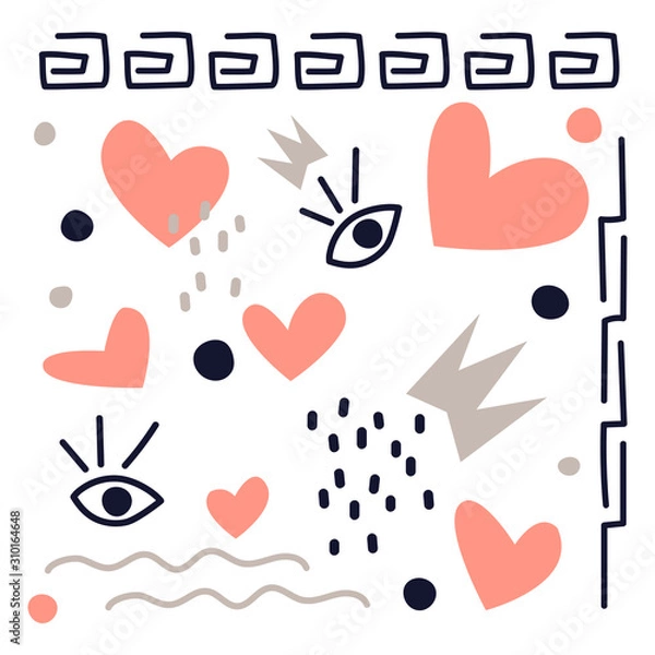Fototapeta Hand drawn vector illustration, collage . Psychedelic design . Abstract composition with hearts, geometric shapes, eyes, crown and doodles . Modern Scandinavian flat design for cover, Poster, greeting