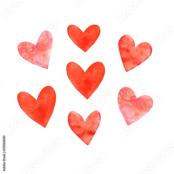 Fototapeta Set of pink red and blue watercolor hearts. Perfect for creating romantic postcards and Valentines Day decor. Hand drawn. Isolated on white background