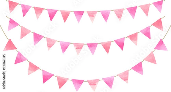 Fototapeta フラッグ_三角_ガーランド_水彩_ピンク_フラッグガーランド