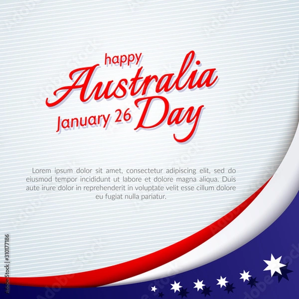 Fototapeta Happy Australia Day banner poster card Australia national flag theme red white curved lines and stars on a blue background Patriotic design template banner for Australia Day and other holidays Vector