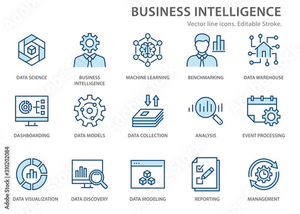 Fototapeta Business Intelligence line icons set. Vector illustration. Editable stroke.