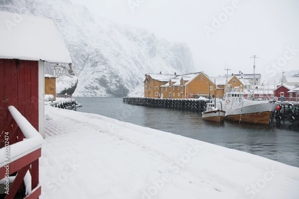 Fototapeta Fishing harbour in Nusfjord Flakstadoya. Loftofen Archipelago Norway