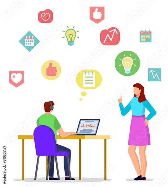 Fototapeta Distant online education, student learning through laptop, teacher and web icons isolated character vector. Studying materials, teaching and studying. Knowledge and development courses illustration