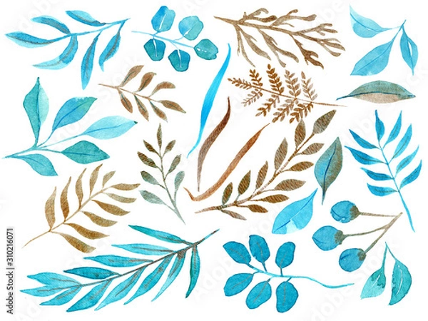 Fototapeta Set of watercolor hand drawn flowers greeneery in blue and gold.