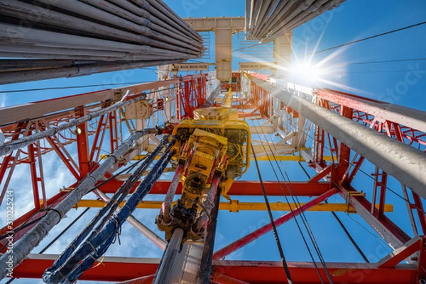 Fototapeta Drilling rig in oil field for drilled into subsurface in order to produced crude, inside view. Petroleum Industry. Onshore drilling rig.