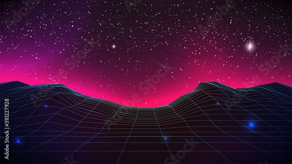 Fototapeta Synthwave Horizon Background. Virtual 3d landscape with Glow. Perspective Grid with starry sky. 80s sci-fi or game style. Banner, poster, cover or Retro party flyer template. Stock vector illustration