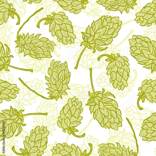 Fototapeta Beer Hops Vector Seamless Pattern. Common Hop or Humulus Lupulus Cones. Vector Floral Background