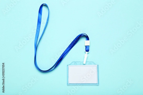 Fototapeta Blank white bagde on blue background