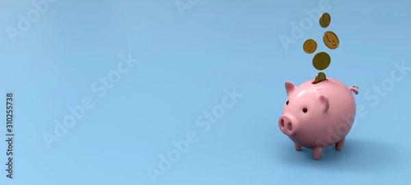 Obraz Stylized ceramic piggy bank on blue mockup background, 3D Illustration