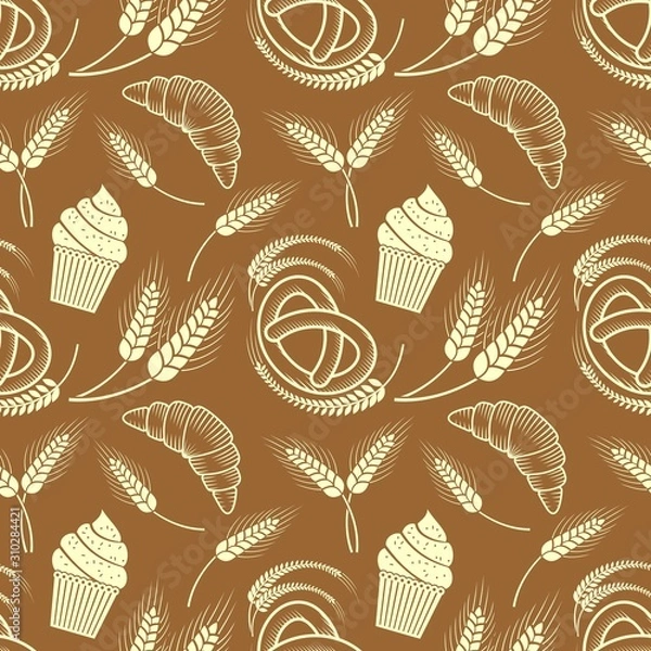 Fototapeta Pretzel, Croissant, Cupcake and Wheat Ears seamless pattern. Vector illustration.