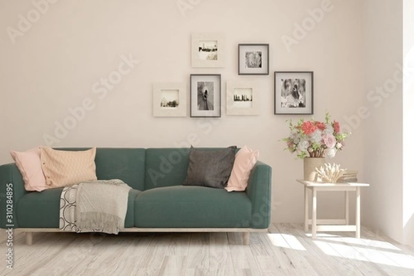 Obraz Stylish room in white color with sofa. Scandinavian interior design. 3D illustration