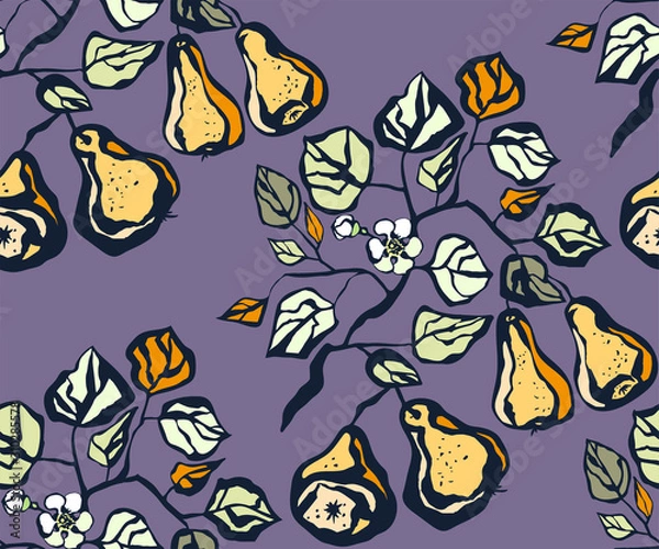 Fototapeta Seamless floral pattern with pear and flowers. Ornamental decorative background. Vector pattern. Print for textile, cloth, wallpaper, scrapbooking