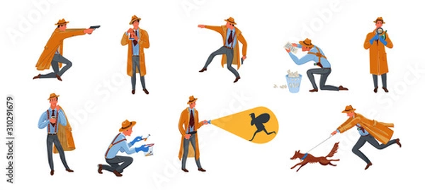 Fototapeta Set of private detective man character in hat search for criminal in different situations. Vector illustration in flat cartoon style.
