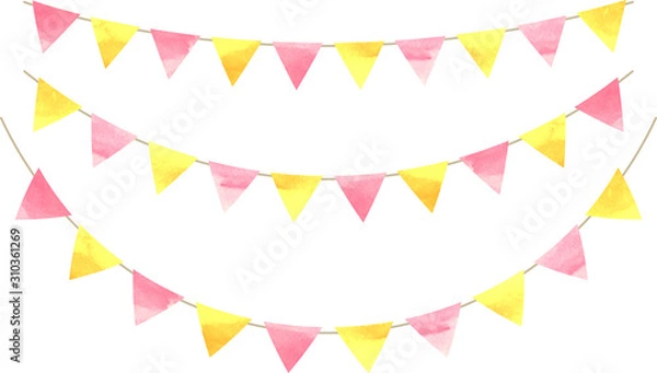 Fototapeta フラッグ_三角_ガーランド_水彩_ピンク_イエロー_フラッグガーランド