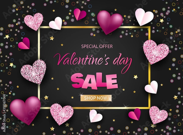 Fototapeta Happy valentines day sale background with hearts, gold frame, sparkles and handwritten calligraphy. Vector illustration.
