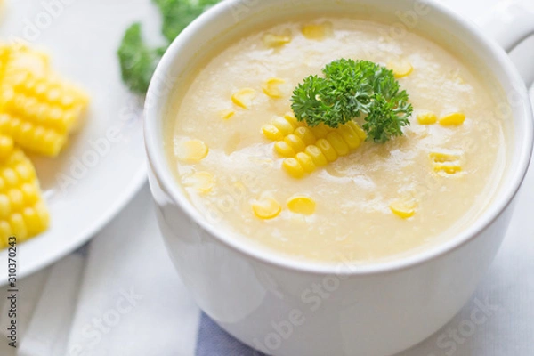Fototapeta Bowl of corn soup, Close up.