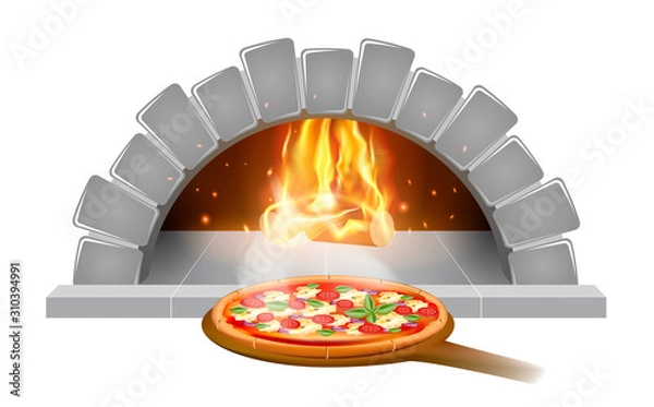 Fototapeta Brick stone oven pizza illustration emblem or label for pizzeria menu, isolated on white background