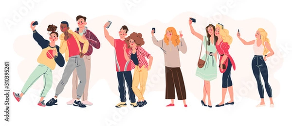 Fototapeta Group of young stylish modern teenagers people with smartphones and making selfie together isolated on white background. Vector flat illustration.