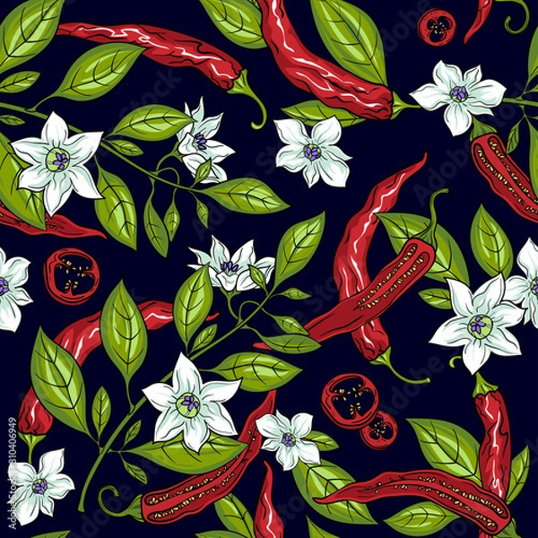 Fototapeta Meksykańskie papryczki jalapeno. Wzór. Kwiaty pieprzu. Gałęzie pieprzu. Plasterki pieprzu. Ziarna pieprzu. Ilustracji wektorowych.