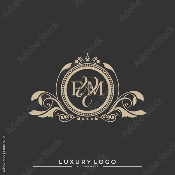 Fototapeta Logo Initial letter EM luxury vector mark, gold color classical symmetric curves decor. editable file eps10.