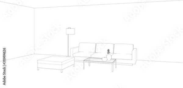 Fototapeta sketch drawing interior of living room, 3d rendering background