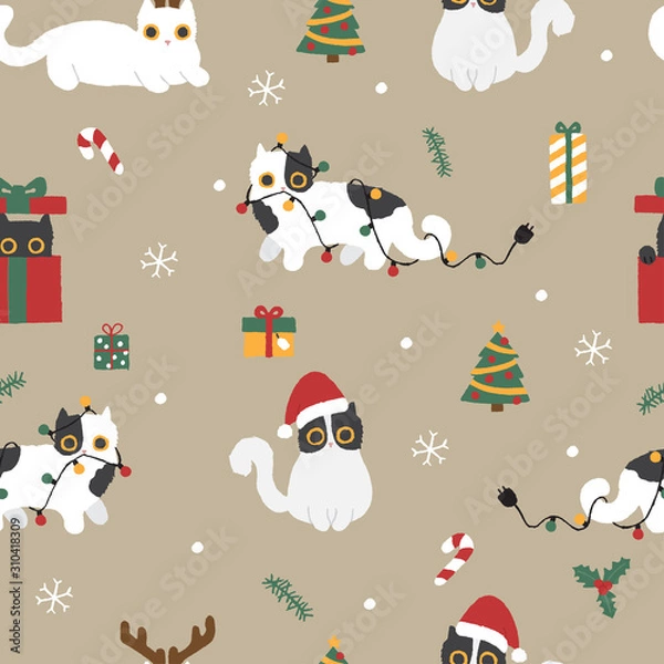 Fototapeta Cute hand drawn cat on Christmas with beige background seamless pattern