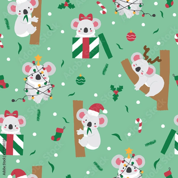 Fototapeta Cute hand drawn koala on Christmas with green background seamless pattern