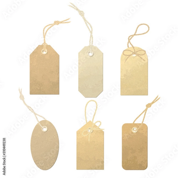 Obraz Set of vector carton labels with various linen string tying. Tags tied with knots and bows of realistic, detailed linen thread illustration.