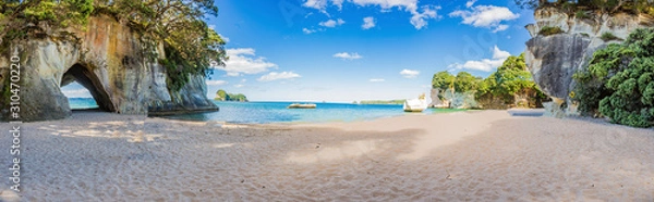 Fototapeta Panoramiczny obraz plaży Cathedral Cove w lecie bez ludzi w ciągu dnia