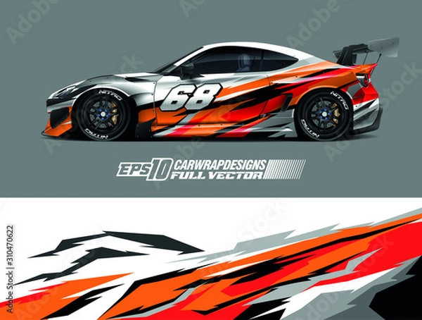Fototapeta Racing car wrap design vector. Graphic abstract stripe racing background kit designs for wrap vehicle, race car, rally, adventure and livery. Full vector eps 10