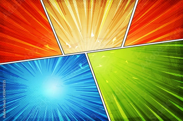 Fototapeta Comic Book Action Layout Background With Power Fx/ Illustration of a powerful comics like page layout background with halftone dots, dynamic textures and action speed effects