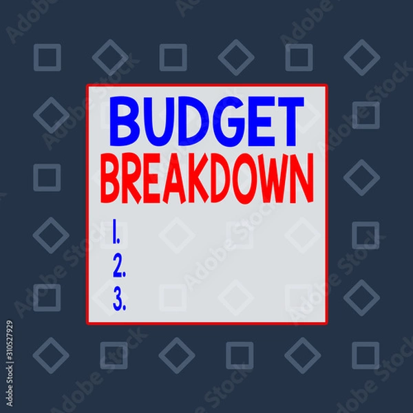 Fototapeta Writing note showing Budget Breakdown. Business concept for dividing the cost of something into the different parts Square rectangle paper sheet loaded with full creation of pattern theme
