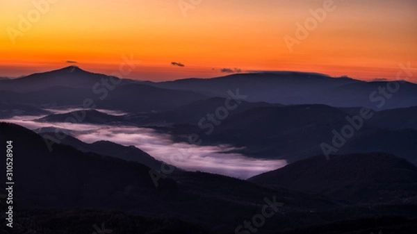 Fototapeta Awesone sunrise in the mountains. Bieszczady, the part of Carpathian Mountains. Poland.