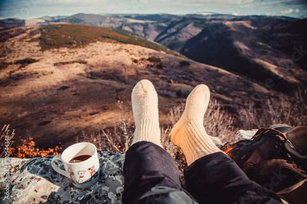 Obraz Wool socks, coffe, and hiking boots