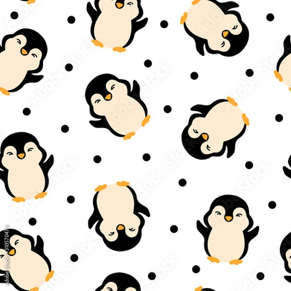 Fototapeta Seamless pattern with funny black penguins on a white background
