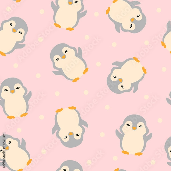 Fototapeta Seamless pattern with funny gray penguins on a pink background