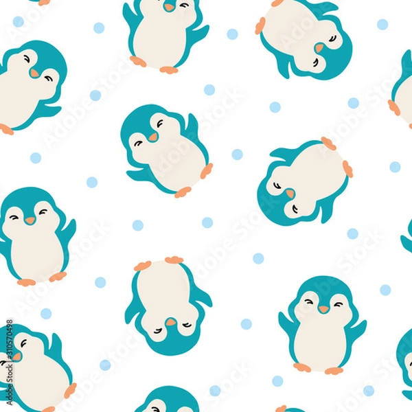 Fototapeta Seamless pattern with funny blue penguins on a white background