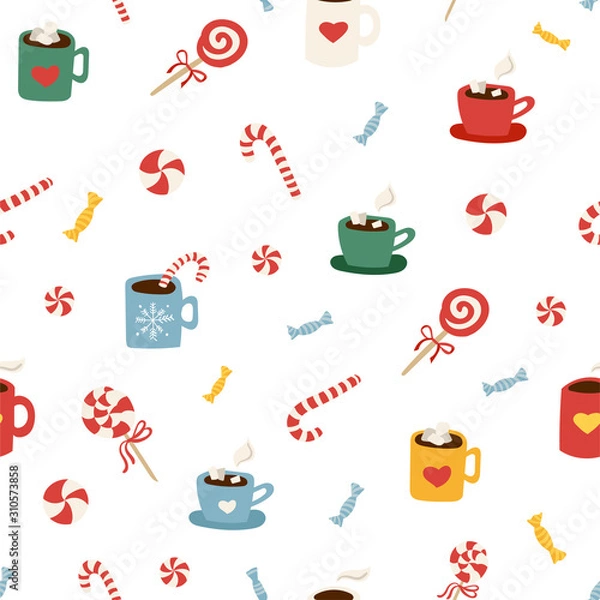 Obraz Simple winter pattern with candy cane and cocoa mugs