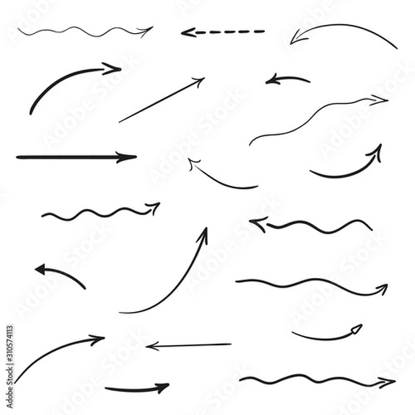Fototapeta Arrow on isolated white background. Hand drawn wavy arrows. Black and white illustration