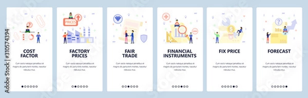 Fototapeta Mobile app onboarding screens. Business charts, trade deal and contracts, financial forecast. Menu vector banner template for website and mobile development. Web site design flat illustration
