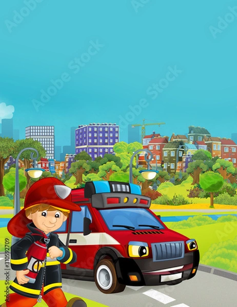 Fototapeta cartoon scene with fireman vehicle on the road - illustration for children