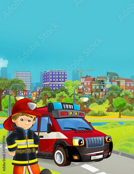 Fototapeta cartoon scene with fireman vehicle on the road - illustration for children