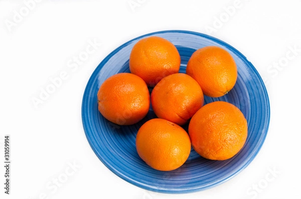 Obraz Blue plate with six oranges