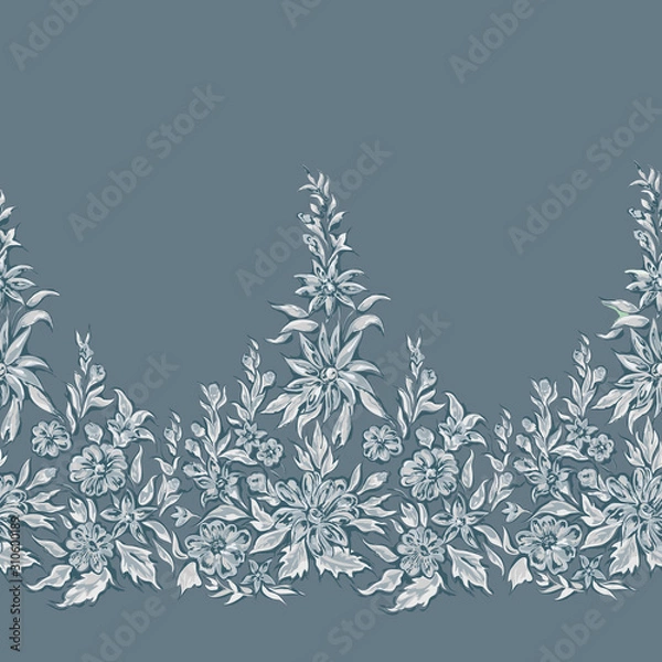 Fototapeta Seamless pattern flowers, border with decorative floral elements. Edge of the fabric, wallpaper, textile on grey blue background